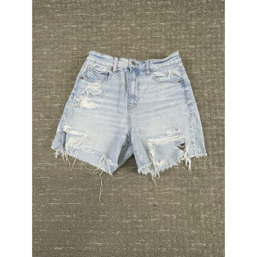 American Eagle Baggy Mom Shorts Distressed Light Wash Denim Stretch Size 6 Jean